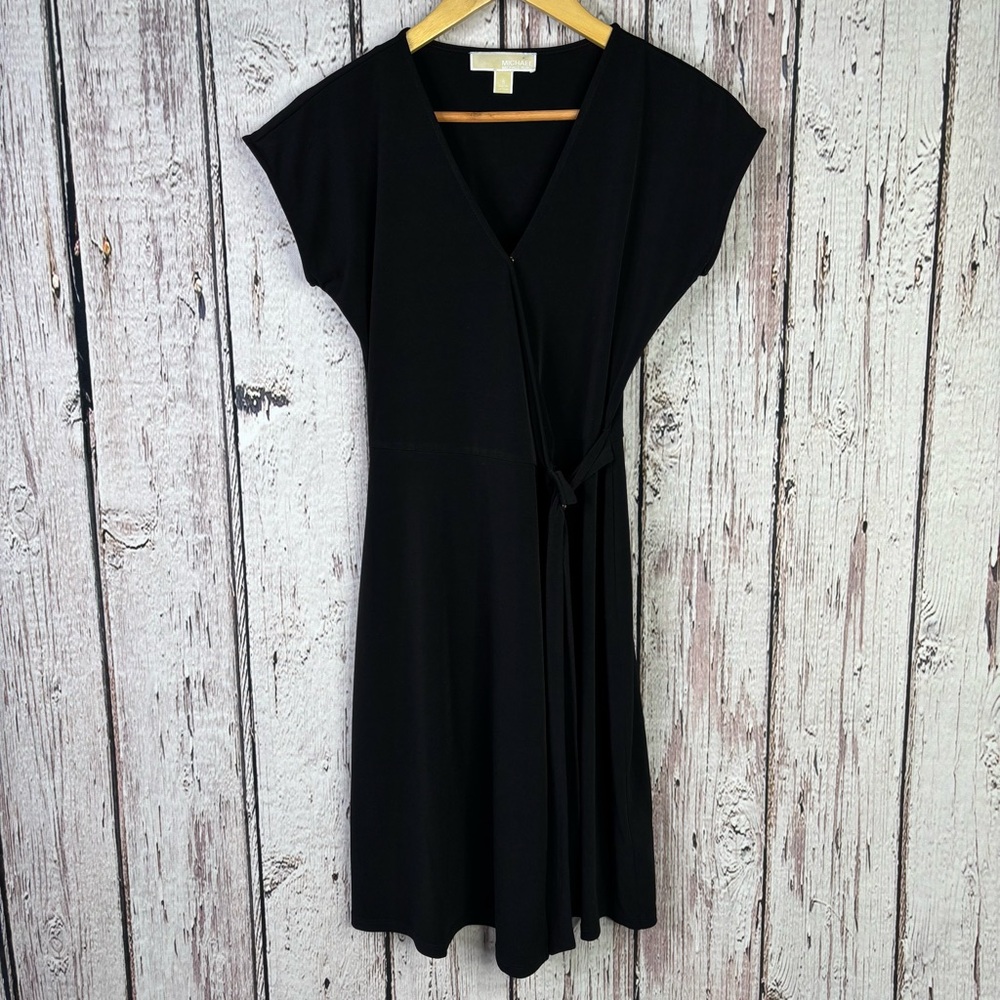 MICHAEL Michael Kors Black Faux-Wrap Mini Dress Metal Ring Detail At Waist Small
